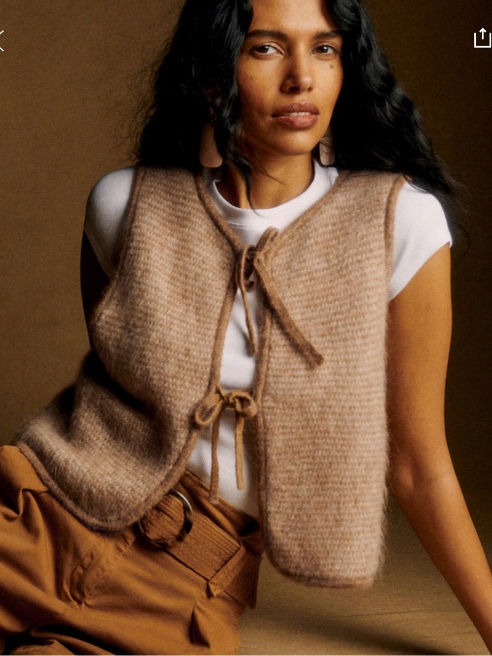 Sezane Pepy Cardigan Cozy Tan Knit Tie-Front Vest